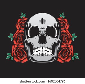 illustration of a dead skull with a rose. Retro cartoon hipster style