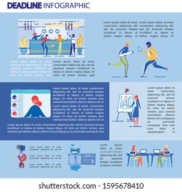 Illustration Deadline Inscription, Infographic. Men and Women are Nervous at Workplace and Looking at Wall Clock. Men Run to Each other in Meeting, Holding Paper and Tablet their Hands.