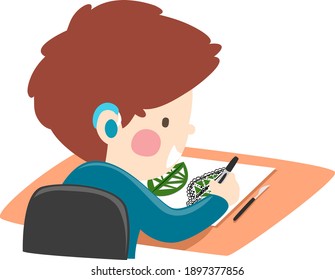 Illustration of a Deaf Kid Boy Wearing Hearing Aid and Carving Leaves Art at a Workshop