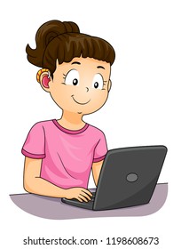 Ilustración de una niña sorda que usa una ayuda auditiva y una laptop