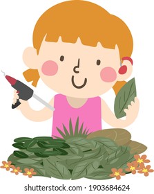 Illustration Of A Deaf Kid Girl Wearing A Hearing Aid And Holding A Glue Gun And A Leaf In An Art Workshop