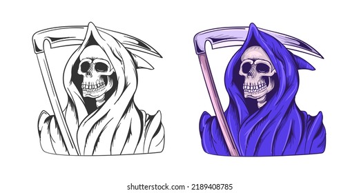 Illustration of death with a scythe in a hood and hoodie. Black white and color vector illustration Grim Reaper.