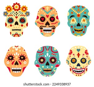 Ilustración calavera de muerte, decoración tatuada mexicana. Celebración de vacaciones, símbolo tradicional con floración como flores, corazones y curvas. Conjunto de vectores aislados por motivos de arte religioso