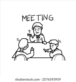 illustration of debate atmosphere during office meeting, cartoon, black and white, business, good for your visual elements, your coloring teaching materials or presentations, vector format