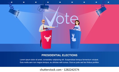 Illustration Debate Two Presidential Candidate. Banner Vector Presidential Elections. Man in Glasses Speaks into Microphone from Red Tribune with Bull. Female Opponent Behind Blue Podium with Rabbit