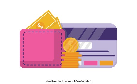 illustration of debit cards, wallets, banknotes and coins. concept of money storage, e-wallet, online storage. Modern flat vector illustration.