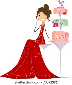 Illustration of a Debutante Sitting Next to Her Cake