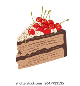 Illustration of a decadent cake featuring a chocolate drip, whipped cream, and cherry toppings perfect for food-related designs and presentations.