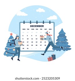 Illustration of a December calendar with people rushing to celebrate Christmas and New Year.