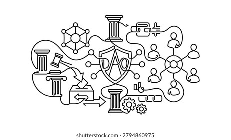Illustration of a Decentralized Autonomous Organization (DAO) showcasing blockchain technology, digital governance, community participation, and legal frameworks.