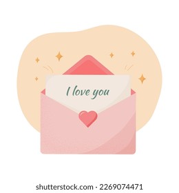 Illustration of a declaration of love. Flat illustration with a letter and the inscription "I love you". A cute vector illustration of a love letter.