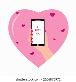 illustration of a declaration of love on the phone that lies in the hand I love you