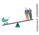 Illustration of declining birth rate with baby stroller outweighed by senior couple on seesaw
