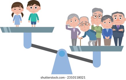 Illustration of a declining birthrate and aging population where the elderly and children are on the scale