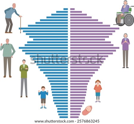 Illustration of a declining birthrate and aging population pyramid