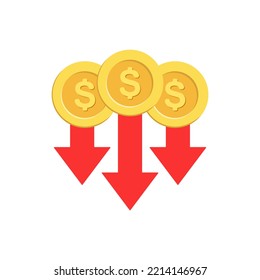 Illustration of a declining dollar exchange rate with three red arrows decreasing isolated on white background