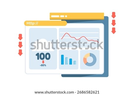 Illustration of declining website traffic showing a worried site owner as visitors drop, symbolizing low engagement, reduced online activity, and decreasing web performance.