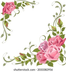 Illustration with a decor of roses.Festive color vector card with roses and decor on a white background.