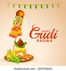 illustration with decorated background of Gudi Padwa celebration of India.