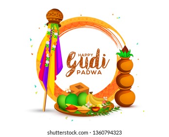 illustration with decorated background of Gudi Padwa celebration of India.