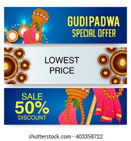 illustration with decorated banner of Gudi Padwa celebration of India.