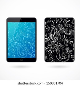 Illustration of decorated black pocket tablet pc on white background