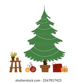 Illustration of a decorated Christmas tree with ornaments, gifts, and potted plants, showcasing a minimalist holiday style.