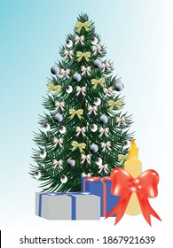 
illustration of a decorated Christmas tree, yellow, blue Christmas balls, pink bows, packing boxes with gifts under the tree, big candle, colorful packaging and with bows
