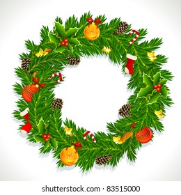 illustration of decorated christmas wreath with ball,bell and pine cone