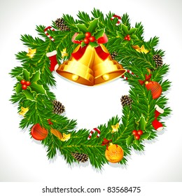 illustration of decorated christmas wreath with ball,bell and pine cone