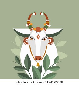 Illustration of a decorated cow. A symbol for Indian religious festivals