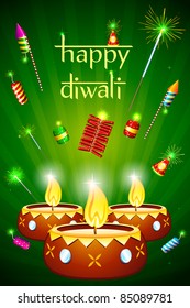 illustration of decorated diwali diya with fire cracker