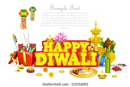 illustration of decorated diwali diya with gift box and sweet