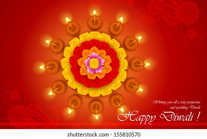 illustration of decorated Diwali diya on flower rangoli