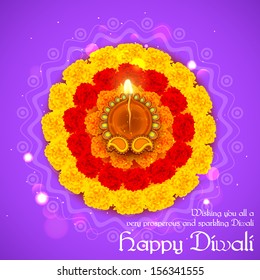 illustration of decorated Diwali diya on flower rangoli