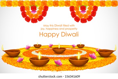 illustration of decorated Diwali diya on flower rangoli