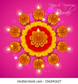 illustration of decorated Diwali diya on flower rangoli