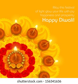 ilustración de Diwali diya decorado en flor rangoli