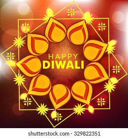  illustration of decorated Diwali diya on shiny background.