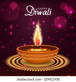illustration of decorated Diwali diya on shiny background.