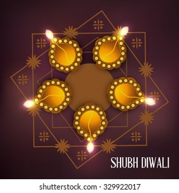 illustration of decorated Diwali diya on shiny background.