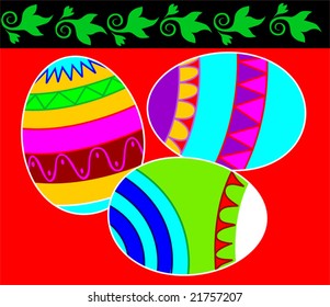 Illustration of decorated eggs in red and green designed background	