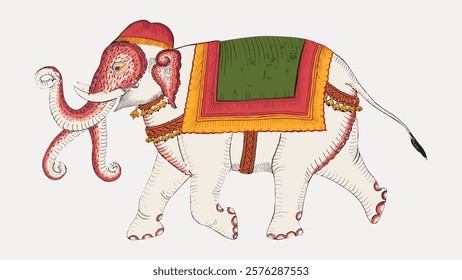 Illustration of a decorated elephant with colorful blankets and ornaments. The elephant is adorned with intricate patterns and vibrant colors. Vintage art drawing illustration, painting art vector.