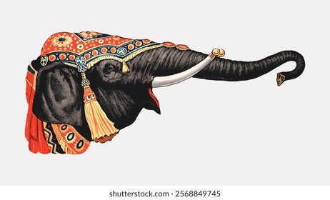 Illustration of a decorated elephant with colorful patterns and ornaments. The elephant's trunk is extended, showcasing intricate designs and vibrant colors. Vintage art drawing illustration vector.