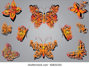 illustration with decorated flowers and butterflies isolated on grey background