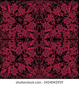 illustration with decorated pink swirls and curls on black background