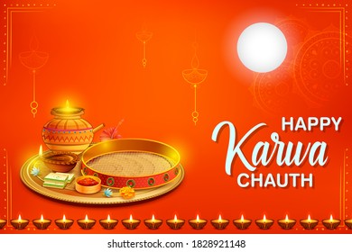 illustration of decorated pooja thali for greetings on Indian Hindu festival Happy Karwa Chauth