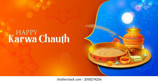 illustration of decorated pooja thali for greetings on Indian Hindu festival Happy Karwa Chauth
