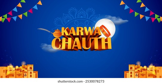 illustration of decorated pooja thali for greetings on Indian Hindu festival Happy Karwa Chauth