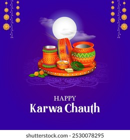 ilustração de poja thali decorada para saudações no festival hindu indiano Happy Karwa Chauth